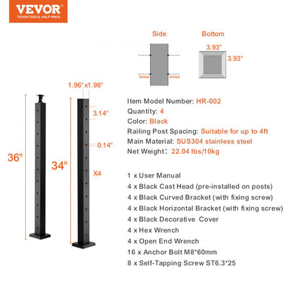 HR-002 - 36" Black Stainless Steel Cable Railing Post for Indoor/Outdoor Use
