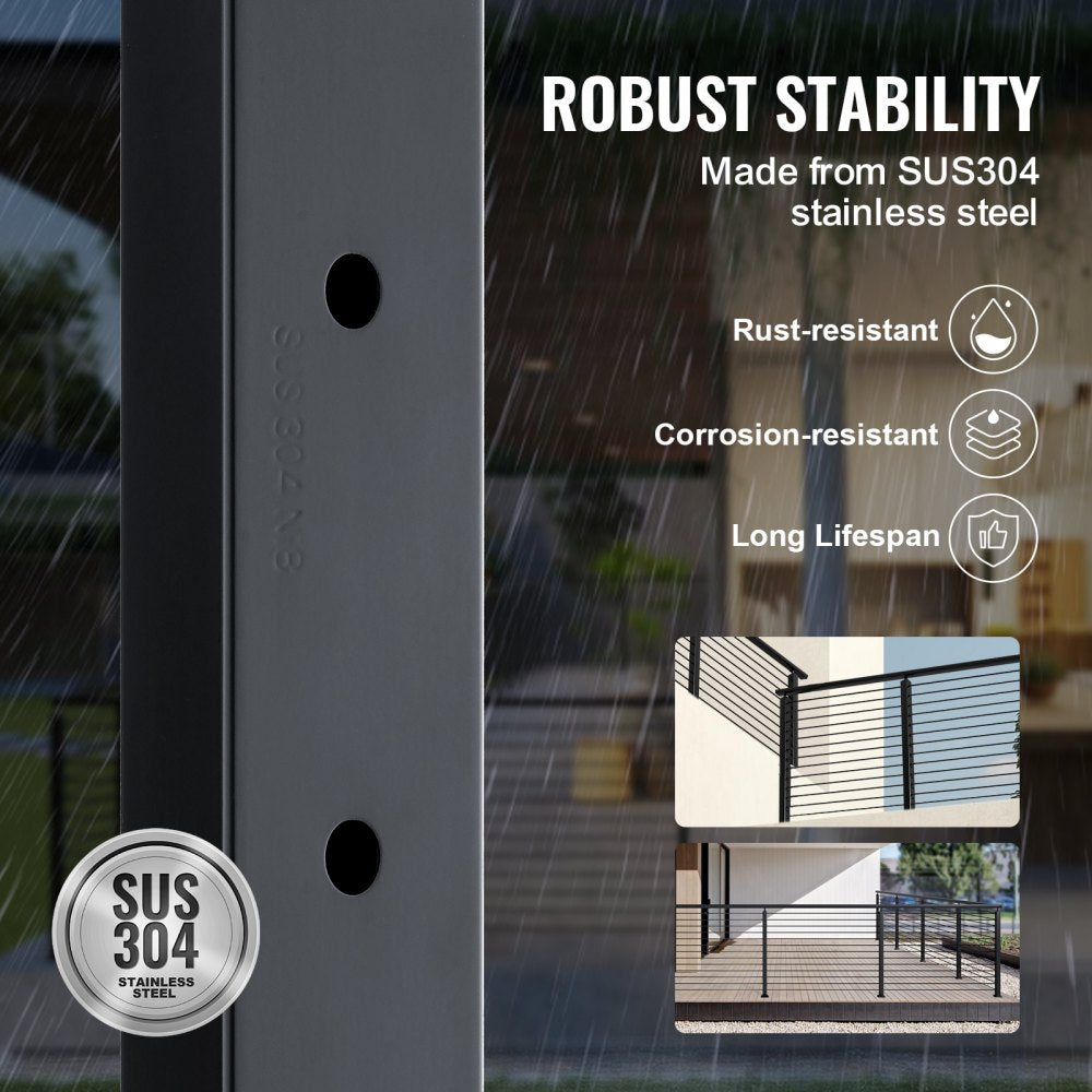 HR-003 - 42" Black Stainless Steel Cable Railing Post for Indoor/Outdoor Use