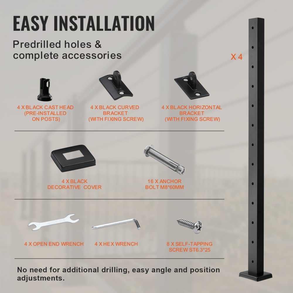 HR-003 - 42" Black Stainless Steel Cable Railing Post for Indoor/Outdoor Use