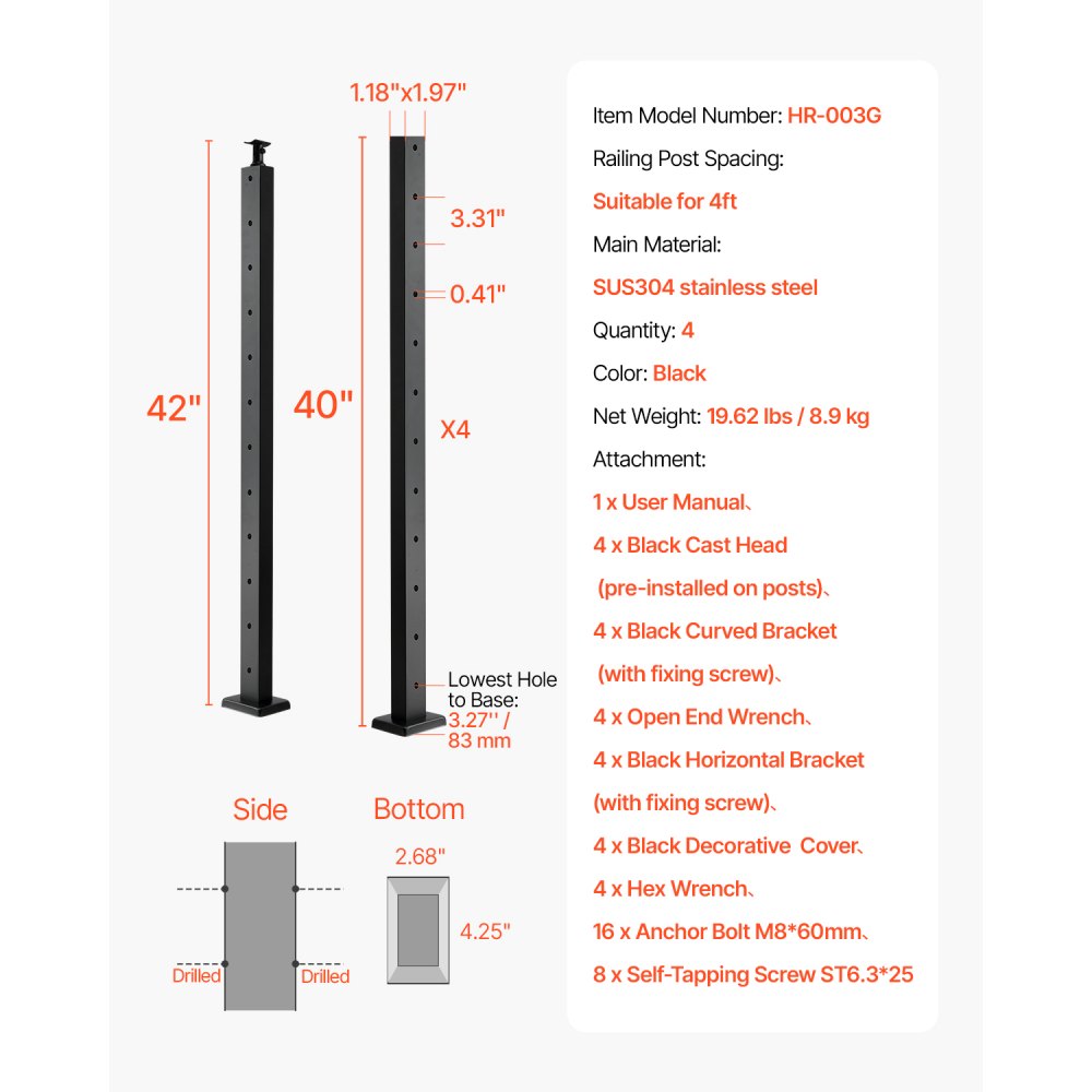 HR-003 - 42" SUS304 Stainless Steel Cable Railing Post with Pre-Drilled Holes