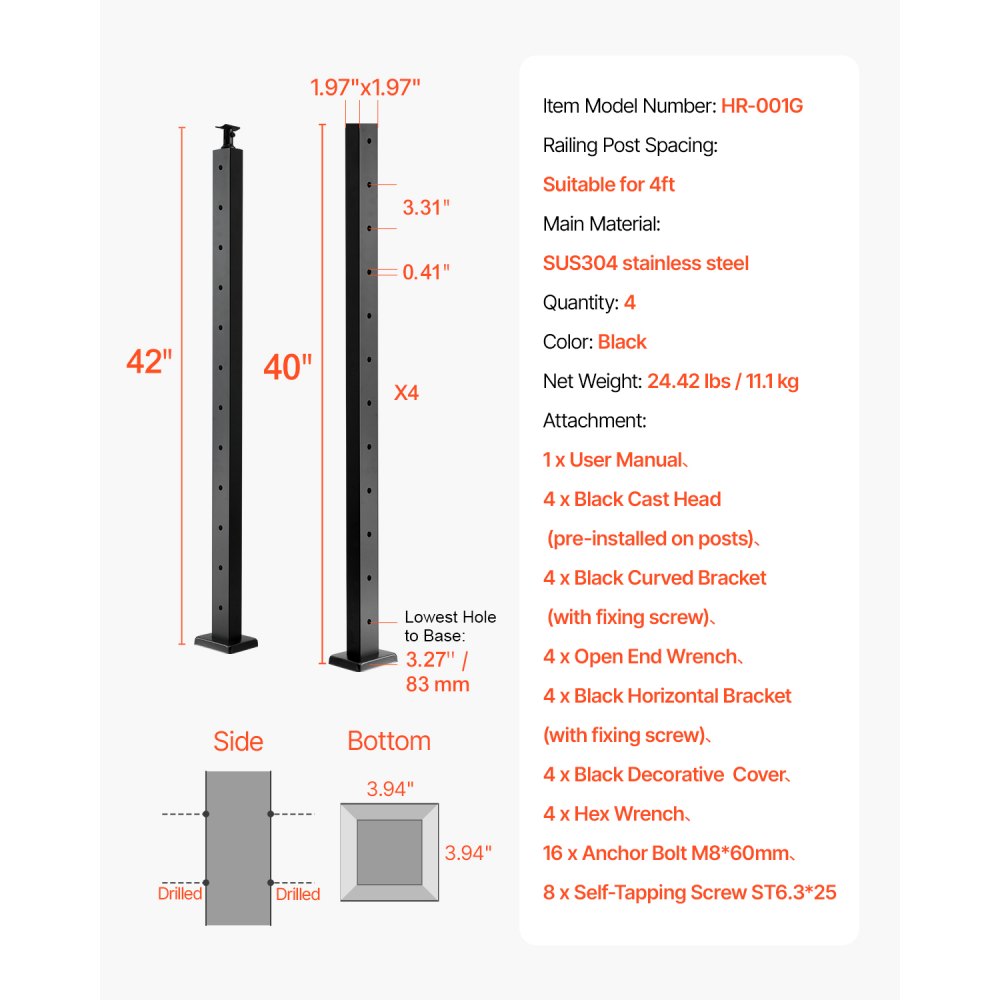 HR-001 - Durable SUS304 Stainless Steel Cable Railing Post with Accessories