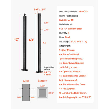 HR-001 - Durable SUS304 Stainless Steel Cable Railing Post with Accessories