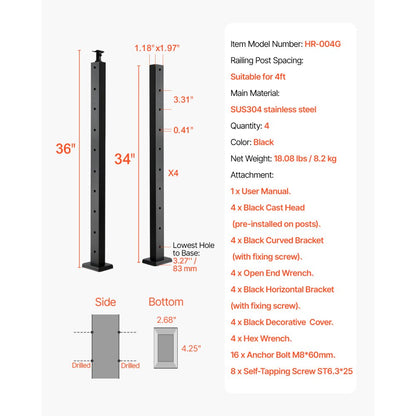 HR-004 - 36" SUS304 Stainless Steel Cable Railing Post with Pre-Drilled Holes