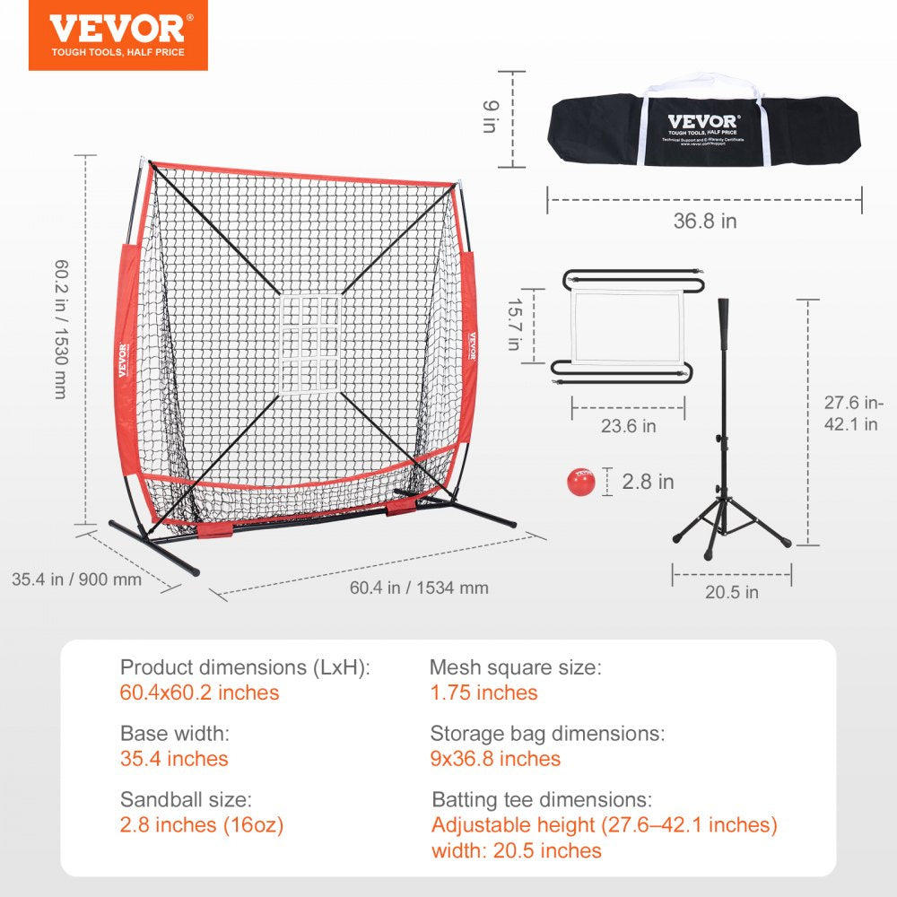 010713337940 - Adjustable 5x5 ft Baseball Net with Tee for Skill Training
