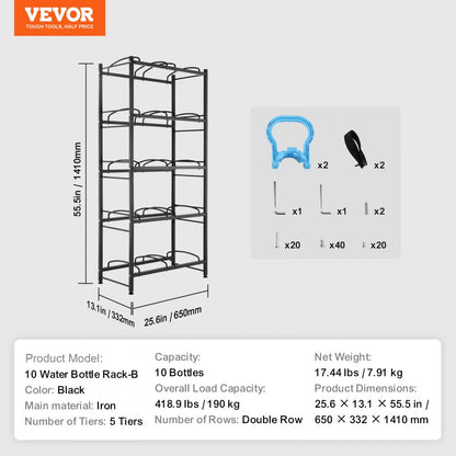 10 Water Bottle Rack-B - 5-Tier Black Water Bottle Holder for 10 Bottles