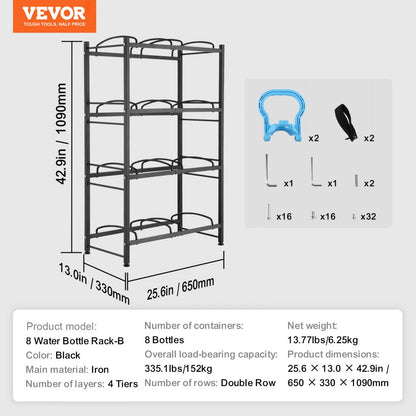 8 Water Bottle Rack-B - Compact 4-Tier Cast Iron Water Jug Holder for 8 Bottles