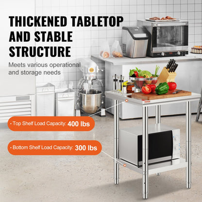 GZT60*60*80 - 24" Stainless Steel Prep Table with Adjustable Shelves and 700 lbs Capacity