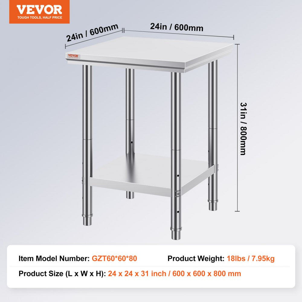 GZT60*60*80 - 24" Stainless Steel Prep Table with Adjustable Shelves and 700 lbs Capacity