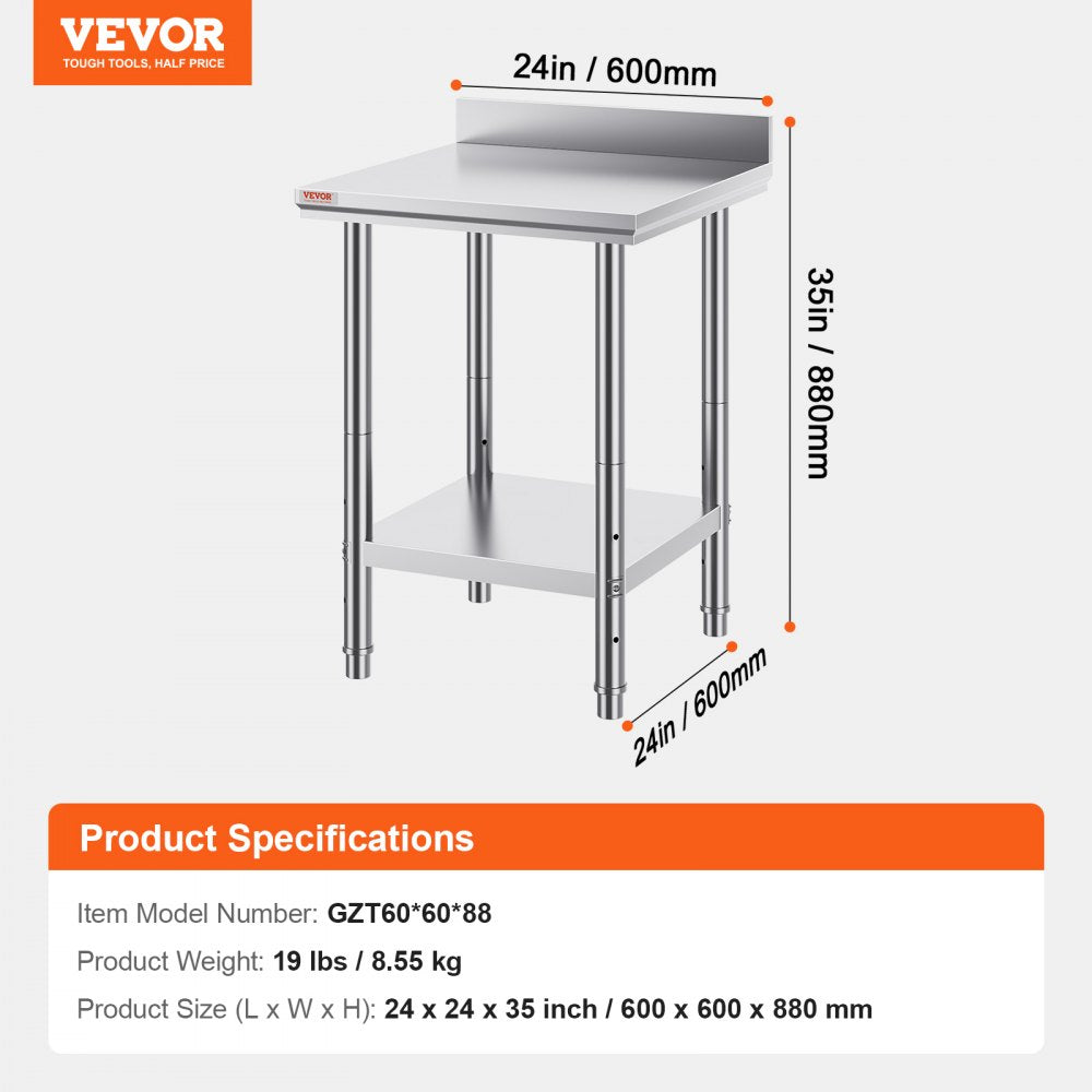 GZT60*60*88 - VEVOR 60"x60" Stainless Steel Prep Table with Adjustable Shelves