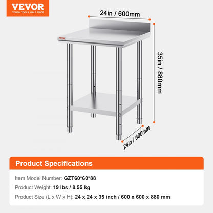 GZT60*60*88 - VEVOR 60"x60" Stainless Steel Prep Table with Adjustable Shelves