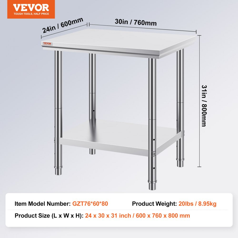GZT76*60*80 - 24" x 30" Stainless Steel Work Table with Adjustable Shelves
