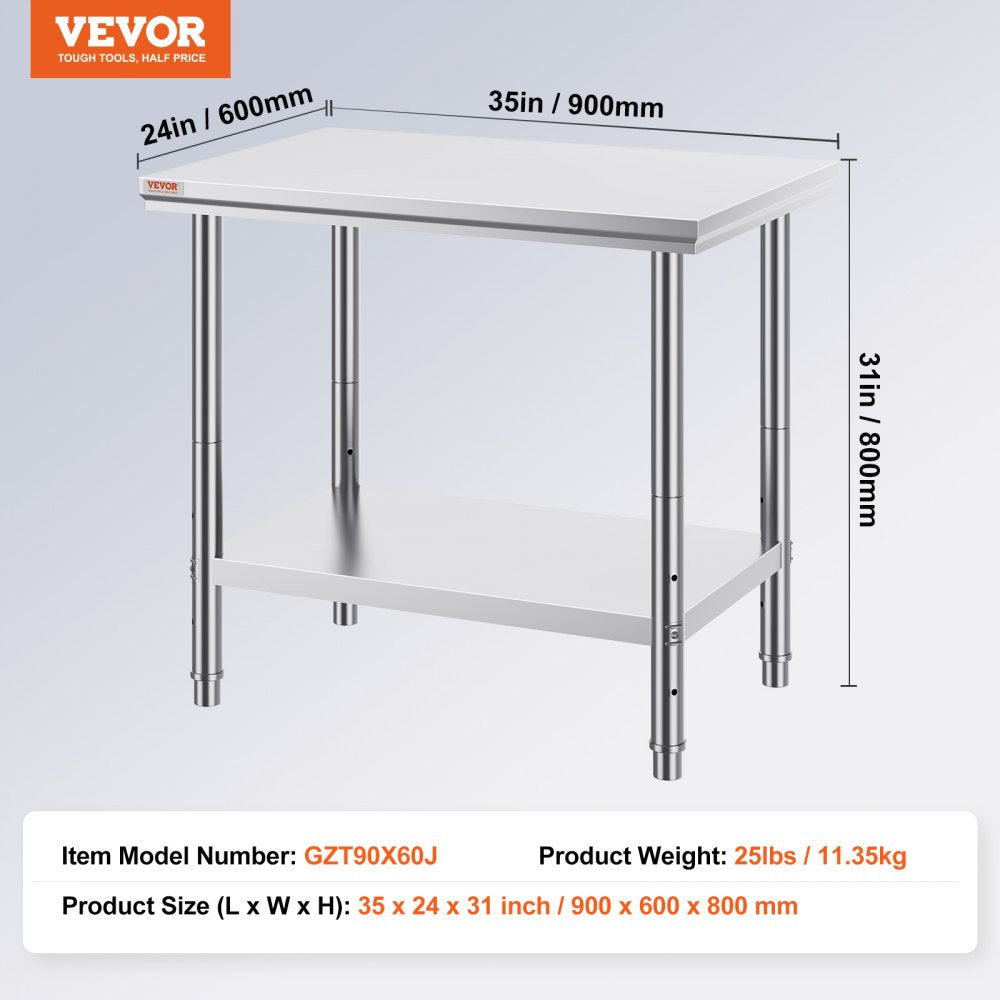 GZT90X60J - 700 lbs Stainless Steel Prep Table with Adjustable Features