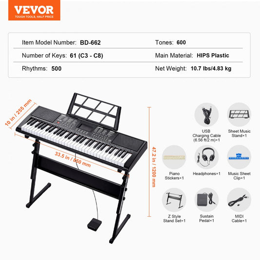BD-662 - Portable 61-Key Digital Keyboard with Adjustable Stand and Headphones