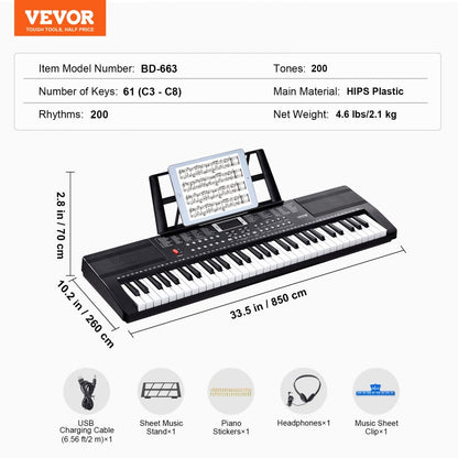 BD-663 - 61-Key Electric Keyboard with Headphones & Dual Speakers