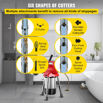 010607578839 - 500W Portable Drain Cleaner with 75' Steel Cable & 6 Cutters