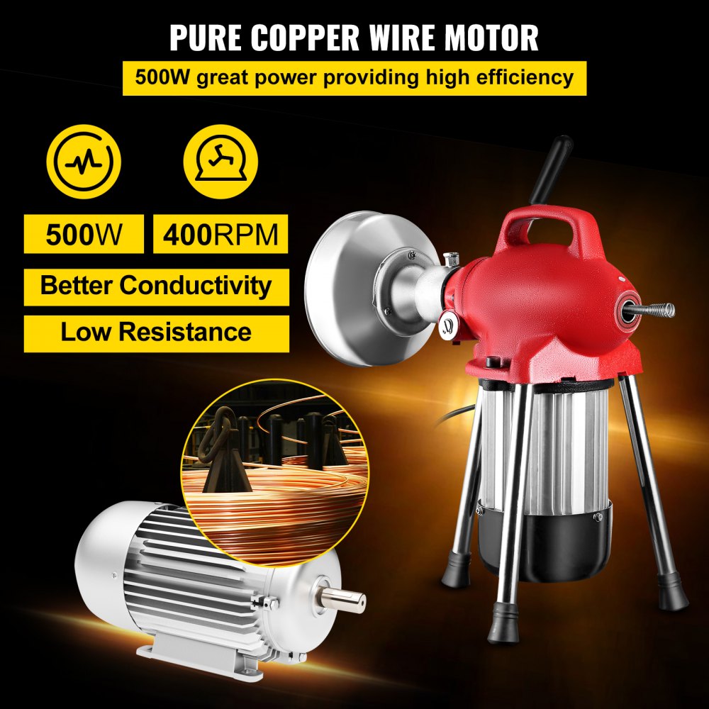 010607578839 - 500W Portable Drain Cleaner with 75' Steel Cable & 6 Cutters