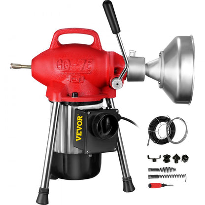 010607578839 - 500W Portable Drain Cleaner with 75' Steel Cable & 6 Cutters