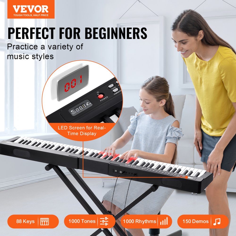 BD-881D - 88-Key Semi-Weighted Digital Piano with Adjustable Stand