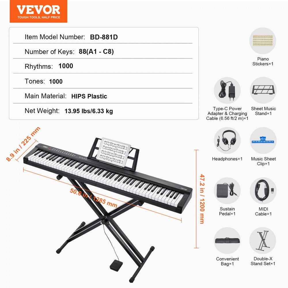 BD-881D - 88-Key Semi-Weighted Digital Piano with Adjustable Stand