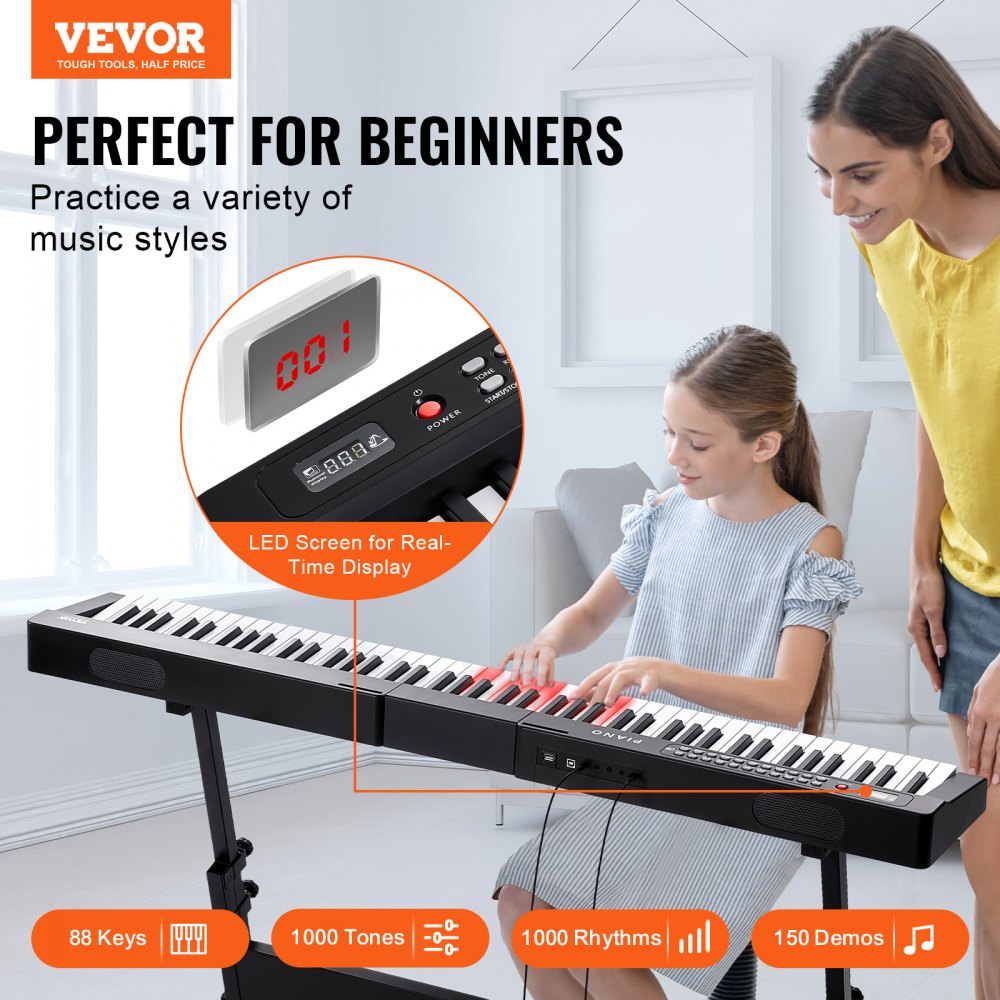 BD-881D - 88-Key Digital Piano with Bluetooth & 1000 Sounds for Beginners