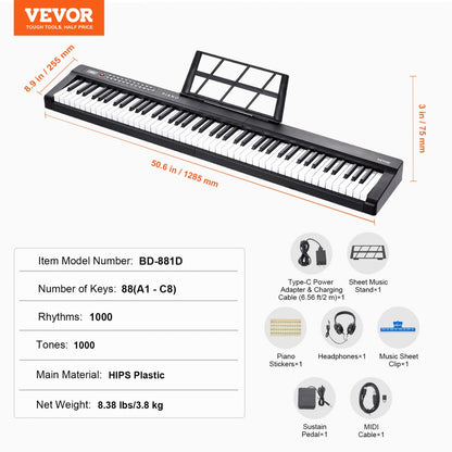 BD-881D - 88-Key Digital Piano with Bluetooth & 1000 Sounds for Beginners