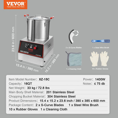 XZ-15C - Commercial 1400W Stainless Steel Food Processor with Safety Features