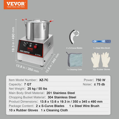 XZ-7C - 7-Quart Stainless Steel Food Processor with Powerful 750W Motor