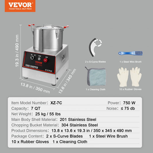 XZ-7C - 7-Quart Stainless Steel Food Processor with Powerful 750W Motor