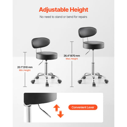 XF8W217 - Adjustable Steel Garage Stool 20.1-26.4" with Backrest and Wheels