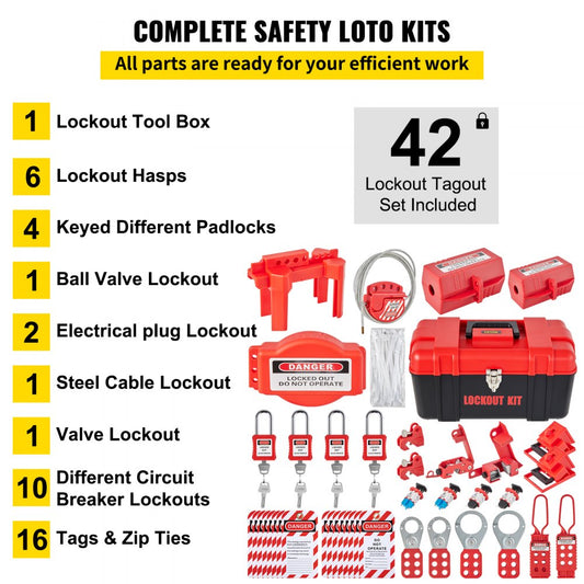 010652276443 - 42-Piece VEVOR Lockout Tagout Kits with Padlocks & Accessories