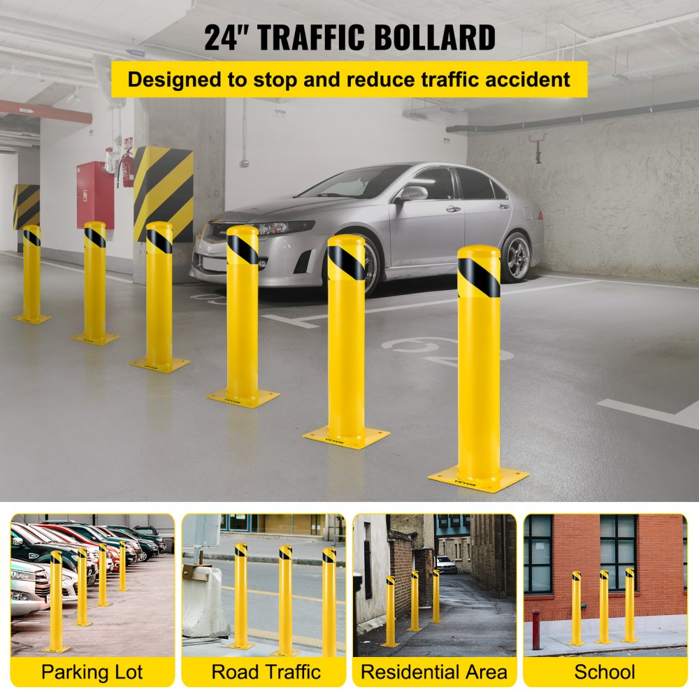 Safety Bollard 24 x 5.5 in - 24" Durable Yellow Steel Traffic Barrier