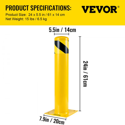 Safety Bollard 24 x 5.5 in - 24" Durable Yellow Steel Traffic Barrier
