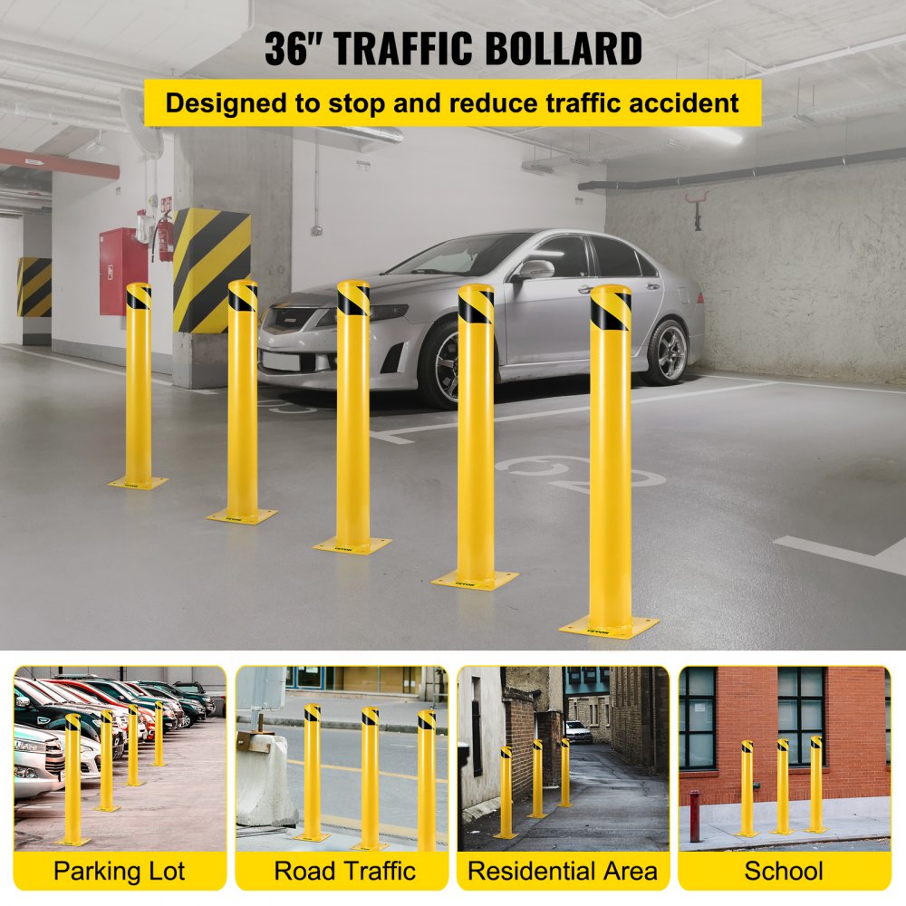 Safety Bollard 36 x 5.5 in - Durable Yellow Steel Traffic Barrier Post
