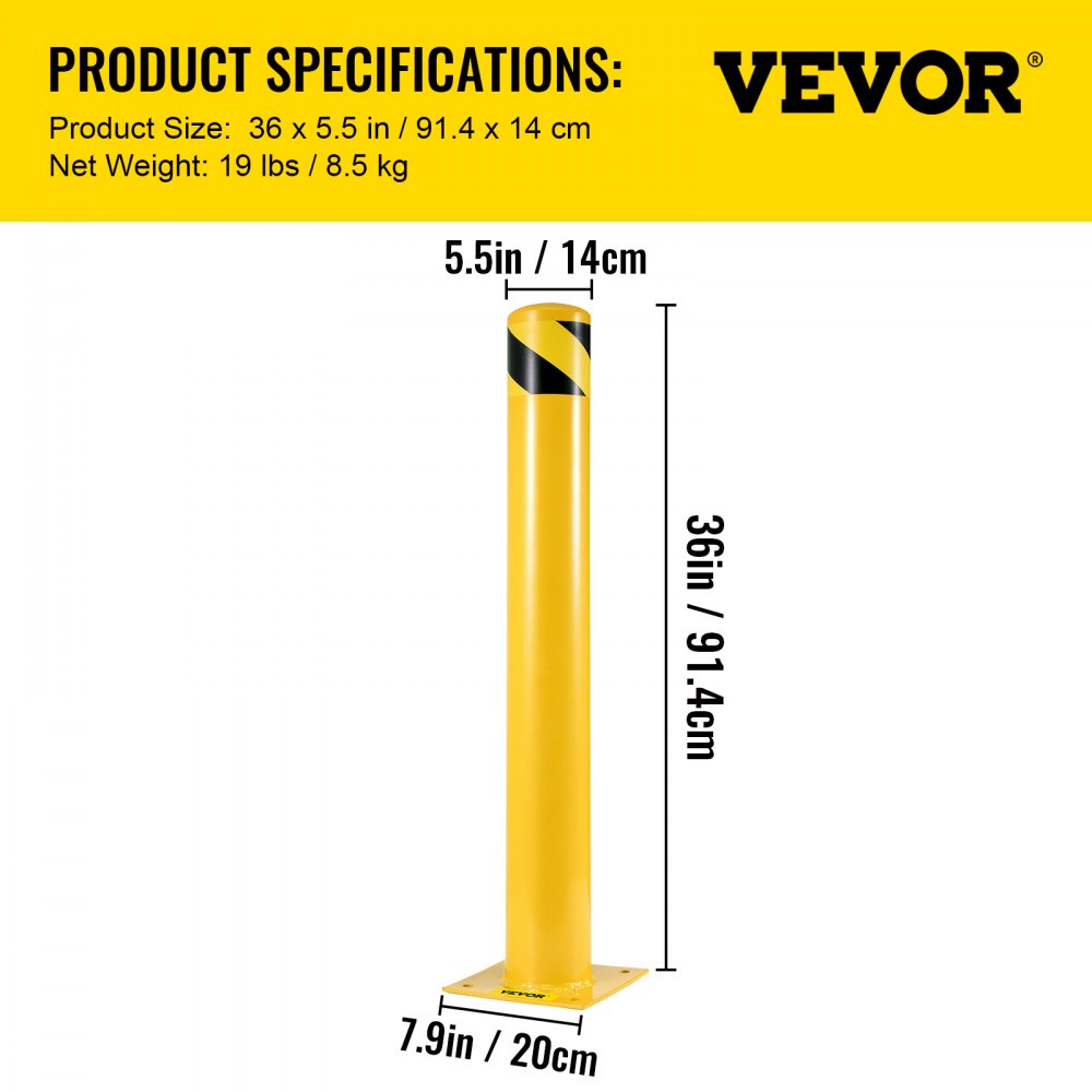 Safety Bollard 36 x 5.5 in - Durable Yellow Steel Traffic Barrier Post