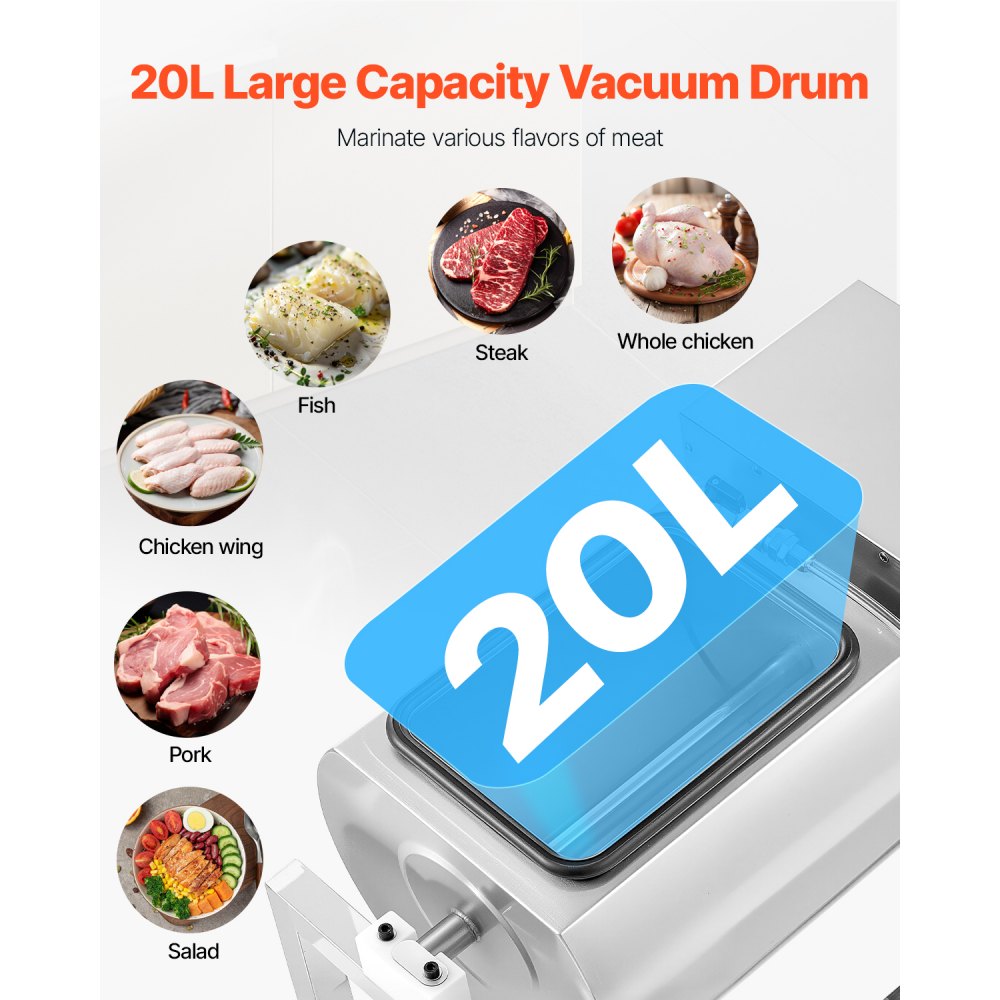 YA-20L - 20L Stainless Steel Vacuum Meat Tumbler with Adjustable Speeds