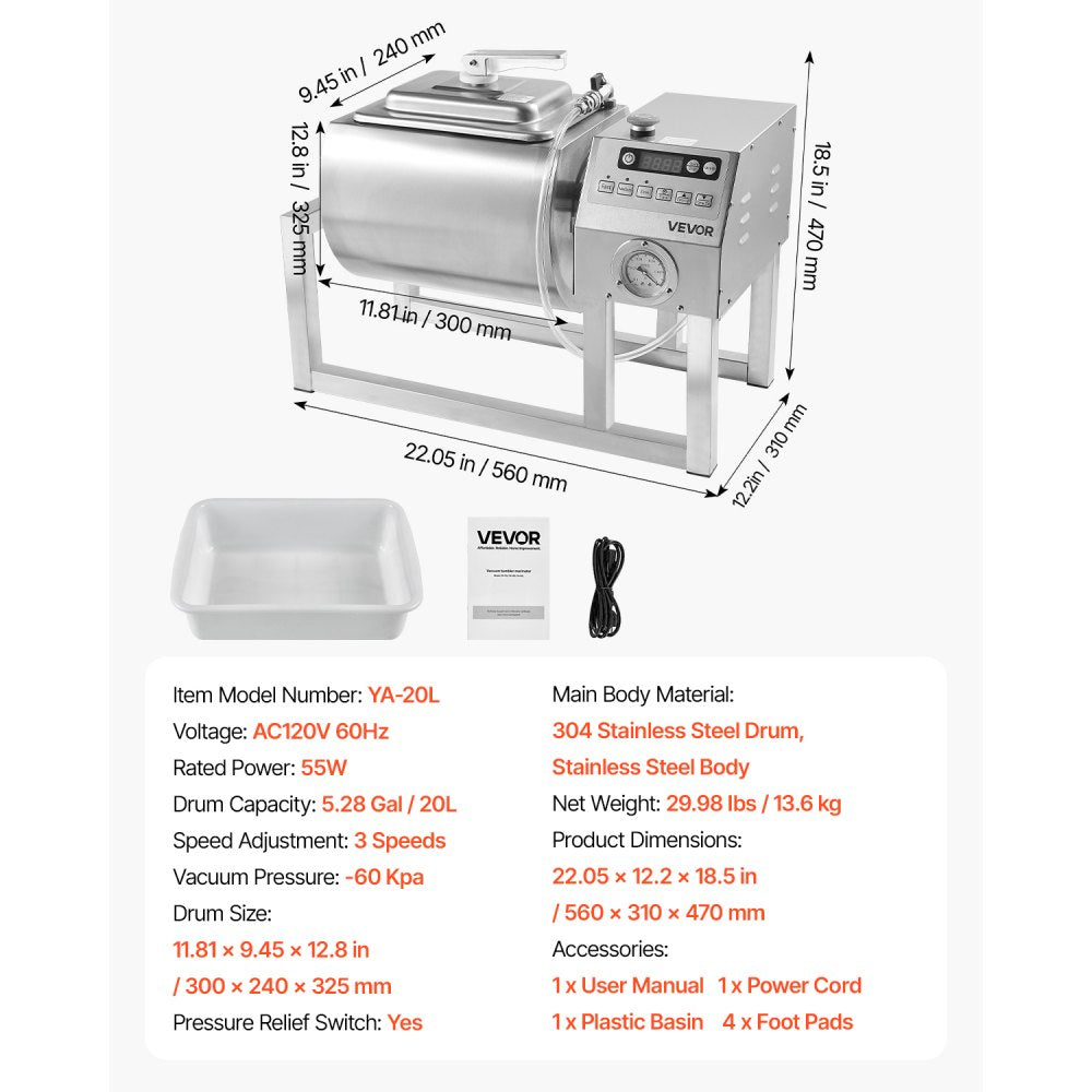 YA-20L - 20L Stainless Steel Vacuum Meat Tumbler with Adjustable Speeds