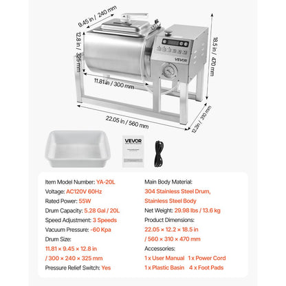 YA-20L - 20L Stainless Steel Vacuum Meat Tumbler with Adjustable Speeds