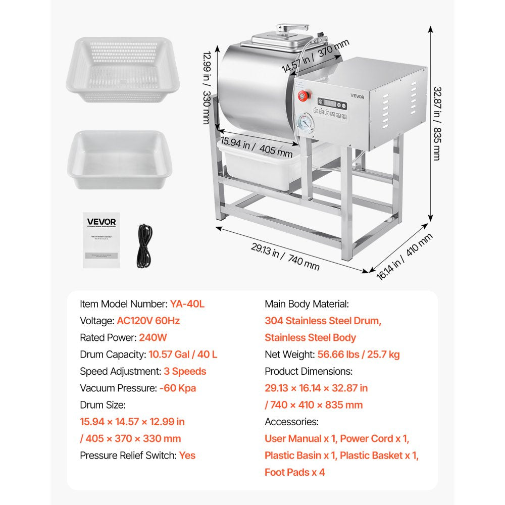 YA-40L - 40L Commercial Meat Tumbler with Vacuum & Adjustable Speed Settings