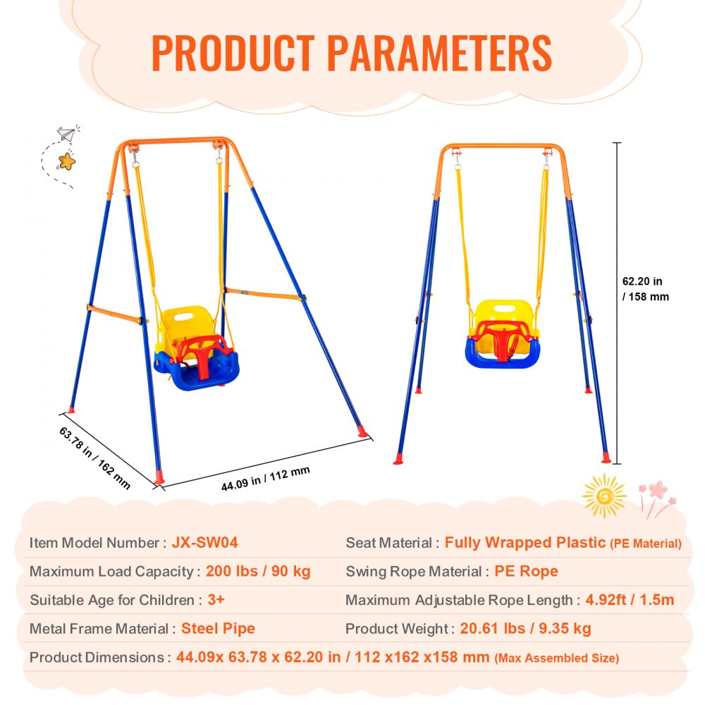 JX-SW04 - Adjustable 3-in-1 Swing Set for Kids 3-10 Years