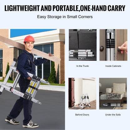 ML-2038P - 12.5FT Aluminum Telescopic Ladder with Stabilizer Bar