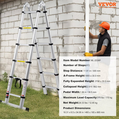 ML-2038P - 12.5FT Aluminum Telescopic Ladder with Stabilizer Bar