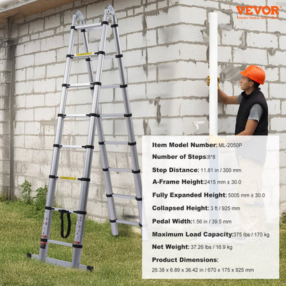 ML-2050P - 16.5FT Aluminum Telescoping Ladder with Stabilizer Bar