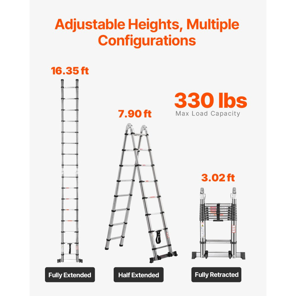 MF-STL500A - 16.5ft Portable Stainless Steel A-Frame Ladder with 330 lbs Capacity