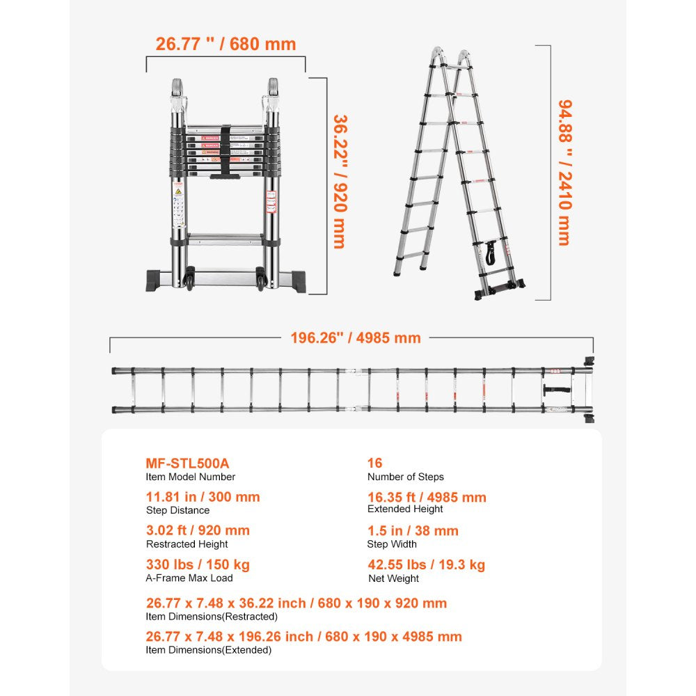 MF-STL500A - 16.5ft Portable Stainless Steel A-Frame Ladder with 330 lbs Capacity