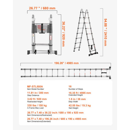 MF-STL500A - 16.5ft Portable Stainless Steel A-Frame Ladder with 330 lbs Capacity