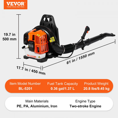 BL-5201 - Ergonomic 52CC Backpack Leaf Blower, 480CFM for Yard Cleanup