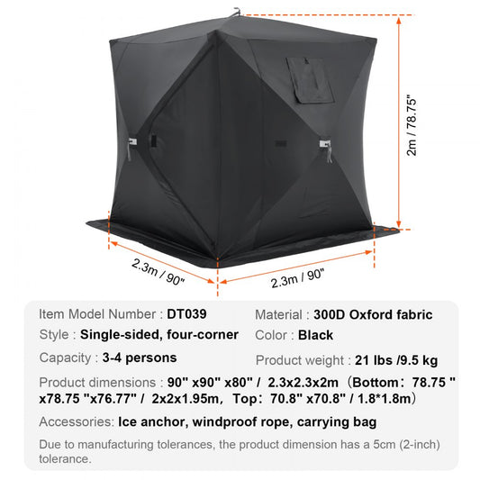 T039 - Spacious 3-4 Person Winter Ice Fishing Tent with Double Doors