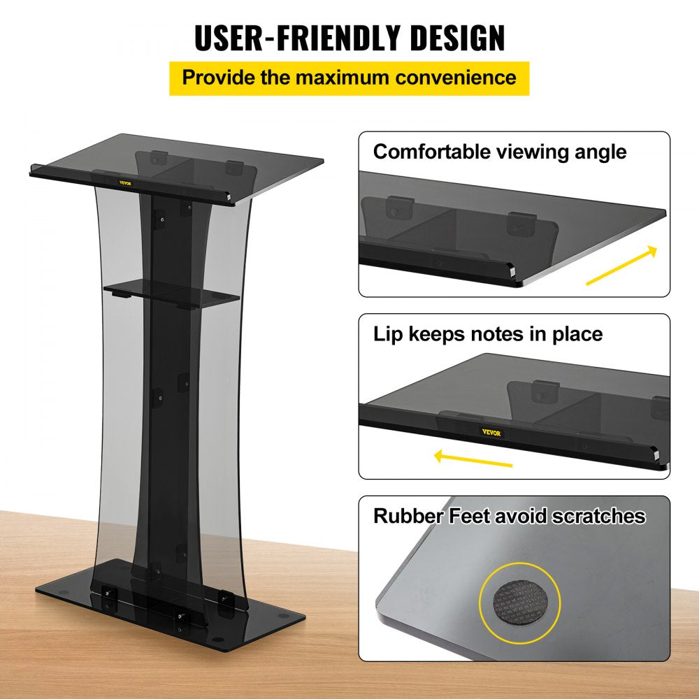 H47 - 47" Clear Acrylic Podium with Slanted Surface and Shelf