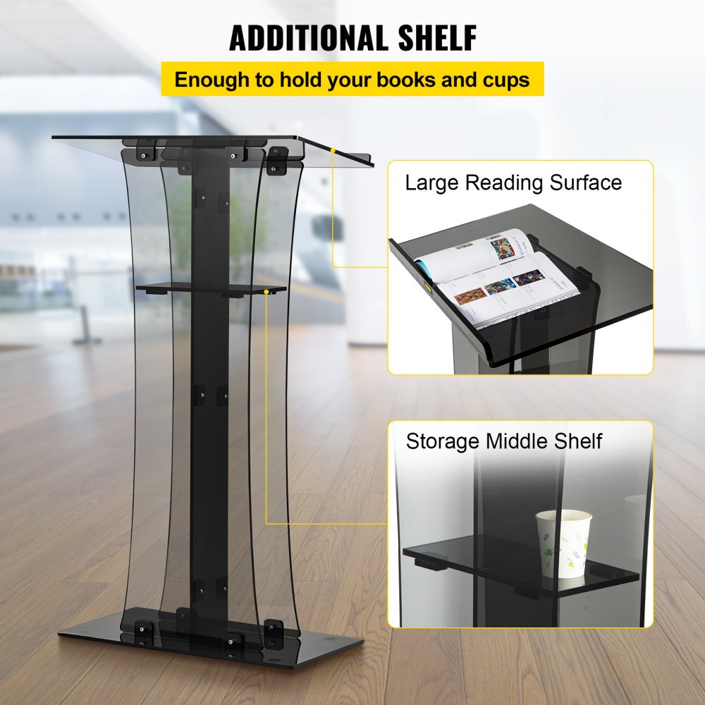 H47 - 47" Clear Acrylic Podium with Slanted Surface and Shelf