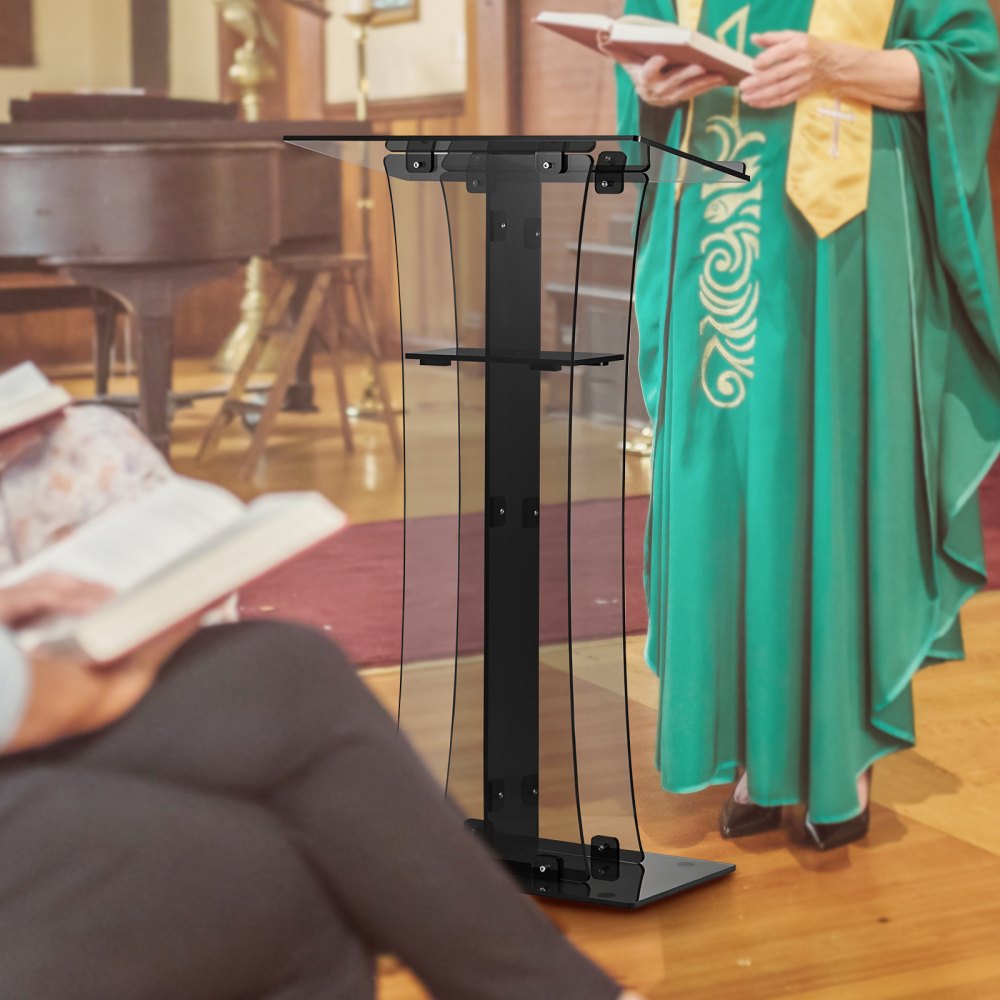 H47 - 47" Clear Acrylic Podium with Slanted Surface and Shelf